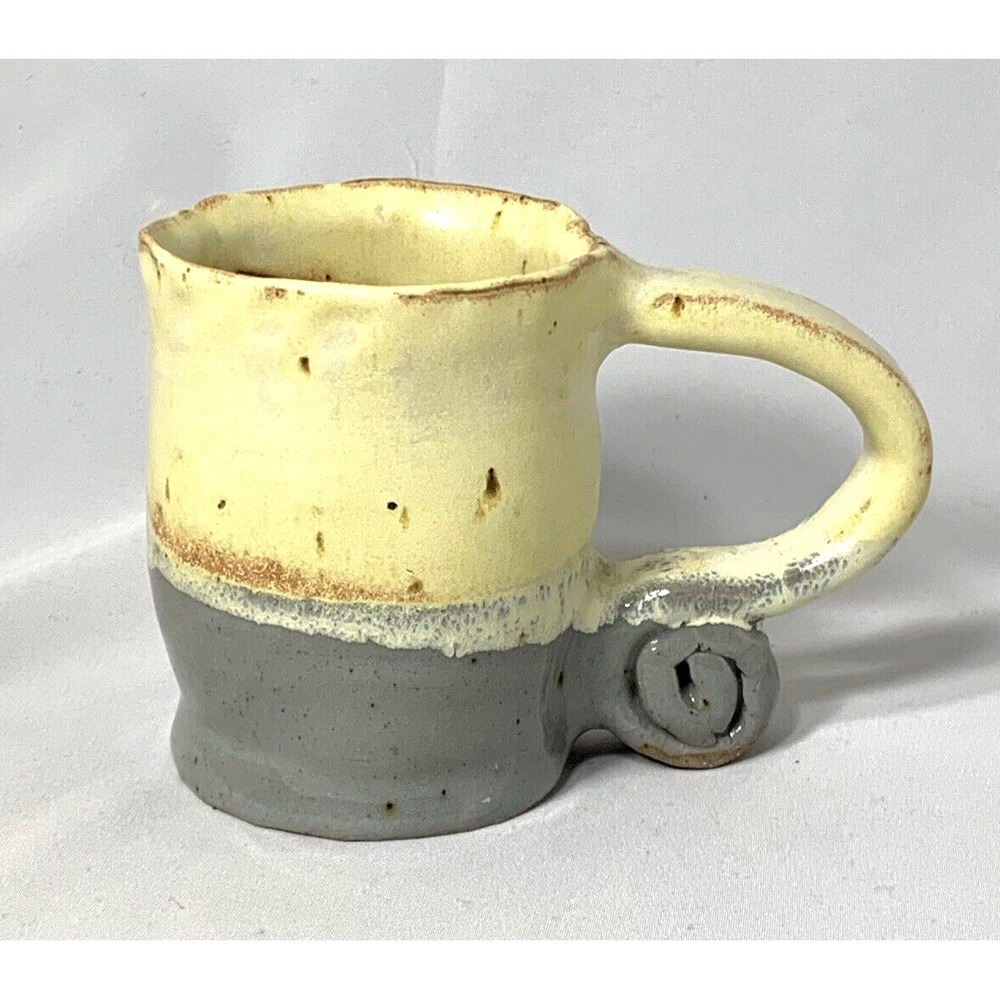 Studio Art Pottery Mug Handmade Gray Yellow Artisan Signed Rustic Fairy Elven